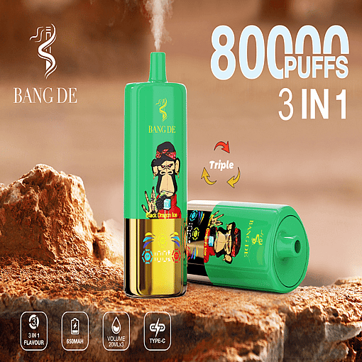 Product Advertisement For Bang De 3-In-1 Vape Device Featuring A Green Cylindrical Design With A Stylized Monkey Motif, Promoting 80000 Puffs, Three Flavors, And 650Mah Battery Capacity, Set Against A Rocky Background.