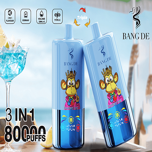 Two Blue Bang De Vaping Devices Featuring A Cartoon Monkey Wearing A Crown And A Pink Jacket, Showcasing Their Branding, Triple Flavor Feature, And 80,000-Puff Capacity Against A Summer-Themed Backdrop.