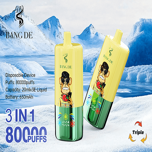 Promotional Image Of Bang De Disposable Vaping Devices With A Mountain Background, Highlighting Features Such As 80,000 Puffs, 20Mlx3 E-Liquid Capacity, 650Mah Battery, And A Triple Flavor System.