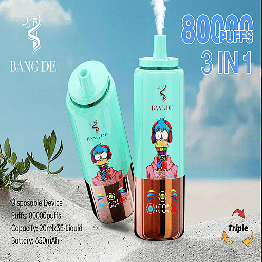 Promotional Image For The Bang De Disposable Vaping Device Featuring Two Mint-Colored Devices With Cartoon Bird Illustrations, Emphasizing '80000 Puffs' And '3 In 1' Features, Set Against A Sky And Sandy Beach Background.
