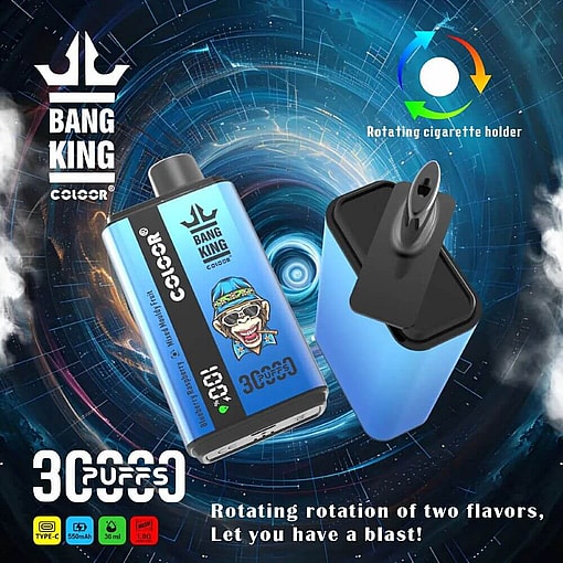 Reklambild med en Bang King 30000-vapeenhet med 30 000 bloss, som visar upp dess roterande cigaretthållare mot en abstrakt blå bakgrund, med text som framhäver dess rotationsfunktion med två smaker.