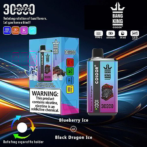 Reklambild för Bang King Color Vape-enheten som visar en låda och själva enheten; Funktioner inkluderar 3 000 bloss, laddning av typ C, dubbel smakrotation av Blueberry Ice och Black Dragon Ice, samt tydlig varningsetikett för nikotin.