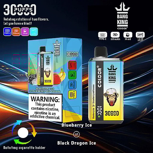 Promotional Display Showcasing Bang King Color Disposable Vape With Rotating Flavors Including Blueberry Ice And Strawberry Banana, Warning Notice About Nicotine'S Addictive Properties Included.