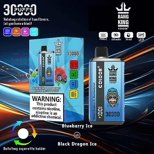 Promotional Image For The Bang King 3,000-Puff E-Cigarette, Featuring A Dual-Flavor Rotation System Advertised As Blueberry Ice And Black Dragon Ice, With A Colorful Design And Nicotine Warning Label.