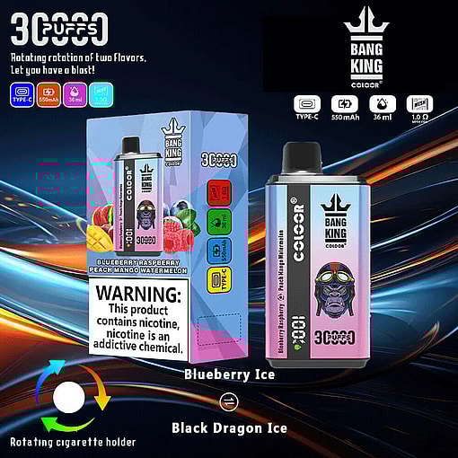 Promotional Image For The Bang King Color Vaping Device Featuring 3000 Puffs, Dual Flavors (Blueberry Ice And Black Dragon Ice), With Detailed Specifications Such As Type-C Charging, 550Mah Battery, And 36Ml Capacity, Against A Dynamic Background.