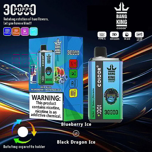 A Promotional Image For The Bang King Color Vape Device Showcasing Its Design, Packaging, Features Such As Two Rotating Flavors, And Technical Specifications, With A Notable Nicotine Warning Displayed Prominently.