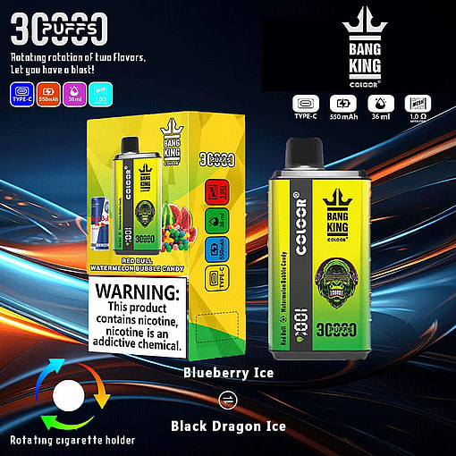 Brightly Colored Packaging And Product Image For Bang King Disposable E-Cigarettes, Featuring A Highlighted Dual-Flavor Rotation Capability And Detailed Branding Elements.