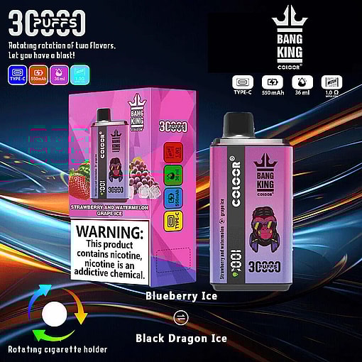 Promotional Image Featuring A Bang King Vape Device And Packaging In Pink, Highlighting Its Dual Flavors, 3,000 Puffs, And Nicotine Warning, With A Rotating Flavor Design Illustrated Below.