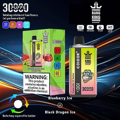 Promotional Image Of Bang King Color Vaping Product Featuring Strawberry Kiwi Peach Ice Flavor With Specifications Including 550Mah Battery, 36Ml Capacity, And Rotating Flavor Options.