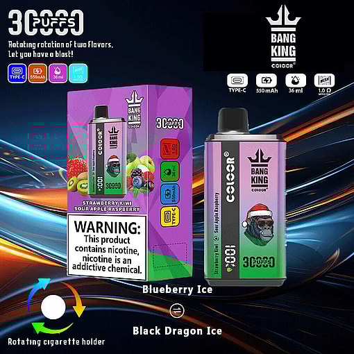 Promotional Image For 'Bang King Color' Vape Showcasing Its Dual-Flavor Rotation System, Highlighting 'Strawberry Kiwi Sour Apple Raspberry' With A Colorful Package Design, Product Specifications, And A Nicotine Warning Label.