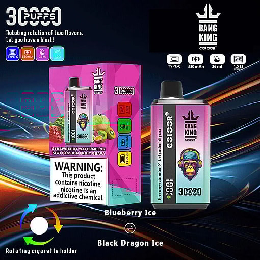 Promotional Image Showcasing The Bang King Color 3000 Puffs Vaping Device With Multiple Flavor Options Including Strawberry Watermelon Kiwi Passion Fruit Guava, Set Against A Dynamic Background And Highlighting Recharge Specifications And A Warning About Nicotine Addiction.
