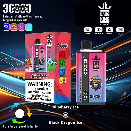 A Bang King Color Vaping Product Display Featuring A Dual-Flavor Rotation In Watermelon Ice And Blueberry Mint, Highlighting 3000 Puffs Capability And A Warning About Nicotine Content.