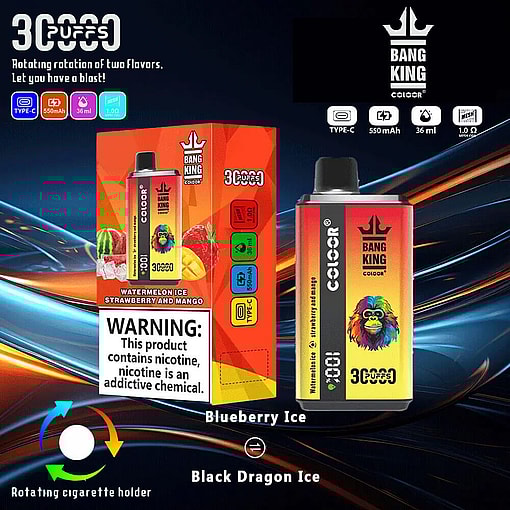 Illustration Of A Colorful Vape Device And Package Labeled 'Bang King' Featuring 3,000 Puffs And Multiple Flavors Like Watermelon Ice And Strawberry Mango, With Icons Displaying Specifications Such As 550Mah Battery, 36Ml Capacity, And Type-C Charging.