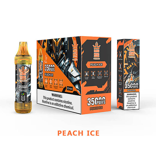Packaging And Disposable E-Cigarette For Bang King Peach Ice Flavor, Highlighting 35,000 Puffs Capacity And Nicotine Warning.
