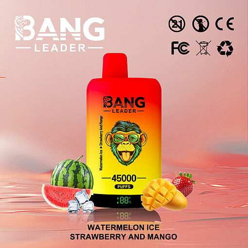 Promotional Image Of Bang Leader Vaping Device Offering 45,000 Puffs, Featuring A Decorative Monkey Design On The Casing, Surrounded By Watermelon, Strawberry, Mango, And Ice Cubes Against A Gradient Background.