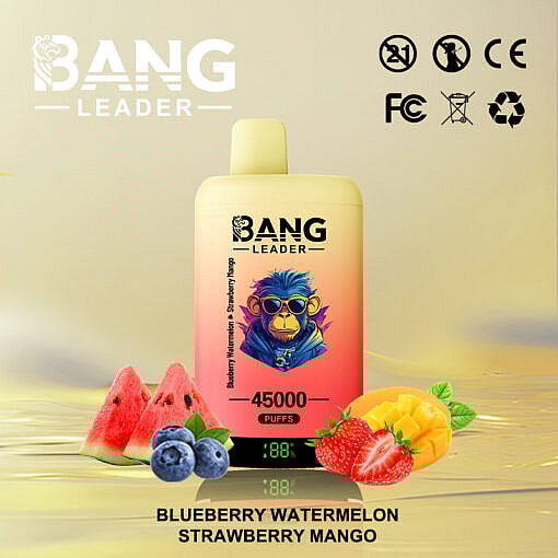 Electronic Disposable Vape Device With Bold Branding, Featuring A Monkey With Sunglasses Artwork On A Gradient Red-Yellow Background, Surrounded By Illustrations Of Blueberries, Watermelon, Strawberries, And Mangoes, Labeled With '45000 Puffs' And Flavor Names 'Blueberry Watermelon, Strawberry Mango'.