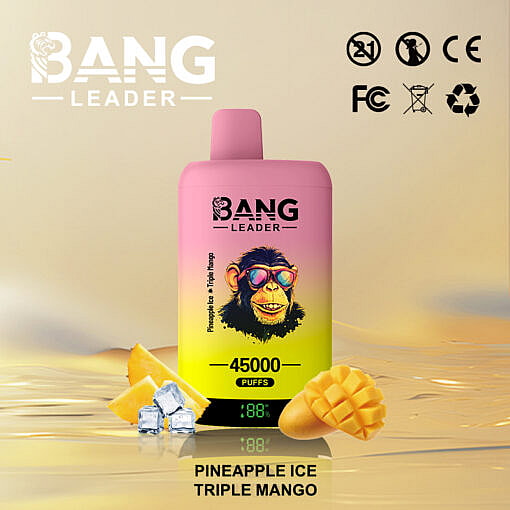A Bang Leader Vape Device With A Design Featuring A Colorful Monkey Wearing Sunglasses, Labeled With 45000 Puffs And Flavors Pineapple Ice And Triple Mango, Surrounded By Mango Slices And Ice Cubes Against A Gradient Background.