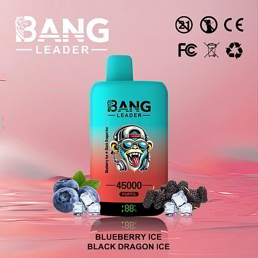 An Electronic Vape Device Branded As Bang Leader, Featuring A Colorful Design With A Stylized Monkey Illustration, Displayed Against A Gradient Background With Blueberries, Ice Cubes, And Black Dragon Fruit Icons; Labeled With 45000 Puffs And Flavor Names Blueberry Ice And Black Dragon Ice.