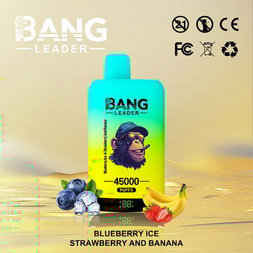Bang Leader 45000-Puff Vape Device With Illustrated Monkey Logo, Flavored As Blueberry Ice, Strawberry, And Banana, Displayed With Fruits On A Metallic Gradient Background, Alongside Certification Icons.