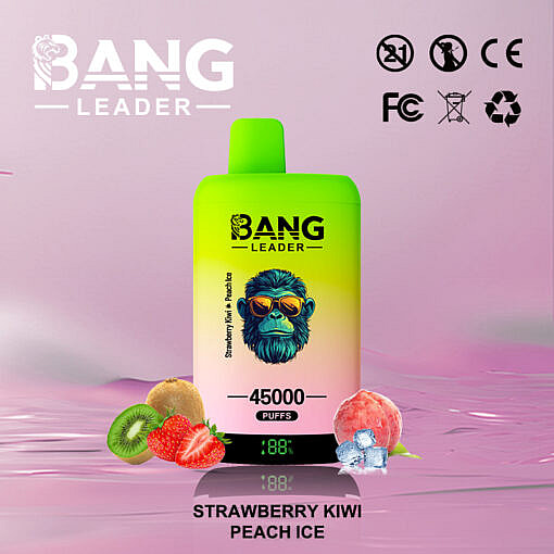 Display Of A Flavored Vape Device Labeled As 'Bang Leader 45000 Puffs' With A Strawberry Kiwi Peach Ice Flavor, Featuring Vibrant Fruits And A Stylized Logo.