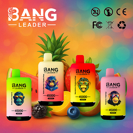 A Vibrant Advertisement Featuring Four Bang Leader Vape Devices In Various Colors With Fruit Backgrounds, Showcasing 45000 Puffs Capacity.