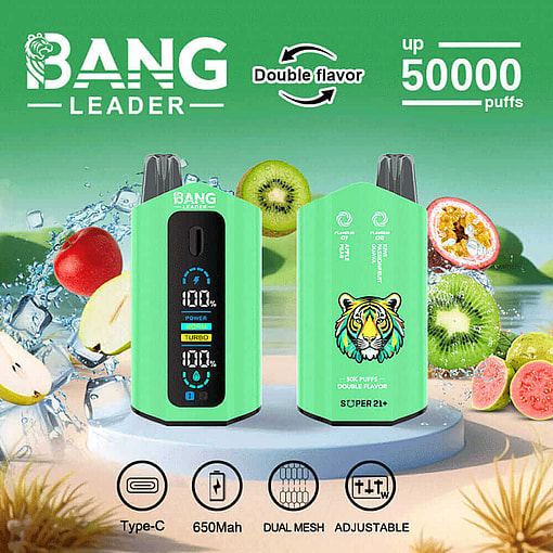 Promotional Image Featuring Bang Leader Disposable Vape Devices In Lime Green, Showcasing Dual Flavor Options And Specifications Such As 650Mah Battery, Dual Mesh Coil, Adjustable Settings, And Up To 50,000 Puffs Capacity, With Vibrant Fruit Imagery In The Background.