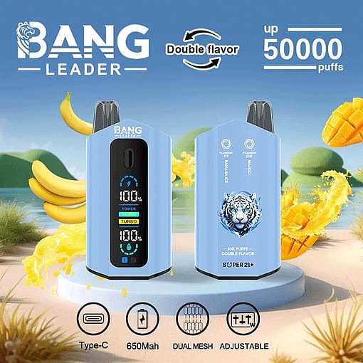 Promotional Image For Bang Leader Vape Devices Featuring A Light Blue Design, Digital Screen Display, And Claims Like '50,000 Puffs' And 'Double Flavor,' Set Against A Tropical-Themed Background With Bananas And Mangoes.