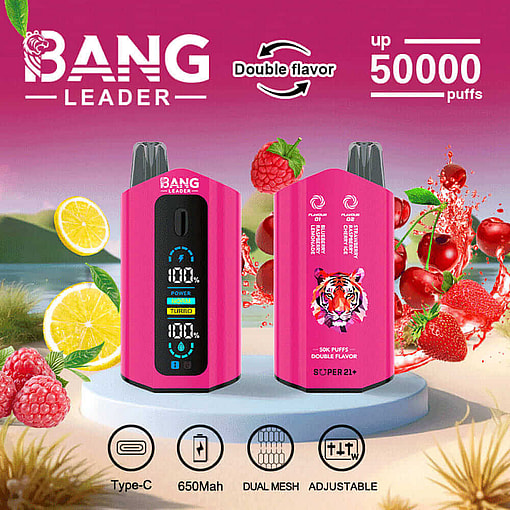 Promotional Image Featuring Two Vibrant Pink Electronic Vaping Devices Labeled 'Bang Leader,' Promoting Dual Flavor Capability And Up To 50,000 Puffs, Against A Fruity Background With Lemons, Strawberries, And Raspberries.