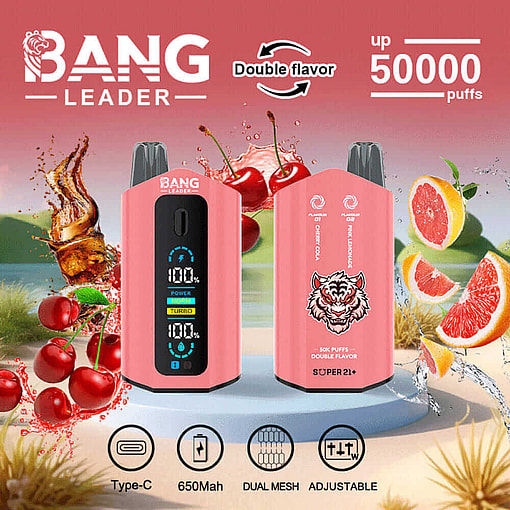 Pink Bang Leader Vape Device Promoting Double Flavor Options, With A Colorful Background Featuring Cherries, Cola, And Fruit Slices, And Displayed Specifications Such As 650Mah Capacity, Adjustable Dual-Mesh Coils, And Up To 50,000 Puffs.