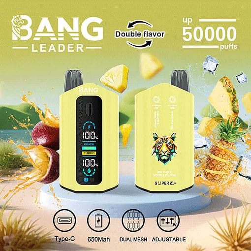 Promotional Image For Bang Leader Vaping Device, Highlighting Features Such As Double Flavor, Up To 50,000 Puffs, Type-C Charging, 650Mah Battery, Dual Mesh Coil, And Adjustable Settings, With A Tropical Fruit Theme Including Pineapple And Passionfruit Visuals.