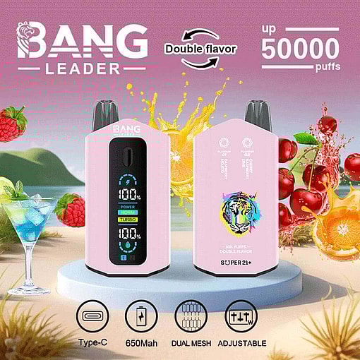 Advertisement For Bang Leader Electronic Vape Displaying Two Devices With Pink Exteriors, Featuring A Double Flavor Option, Up To 50,000 Puffs Capacity, 650Mah Battery, Dual Mesh System, And Adjustable Settings. Background Includes Colorful Fruit Visuals And A Tropical Setting.