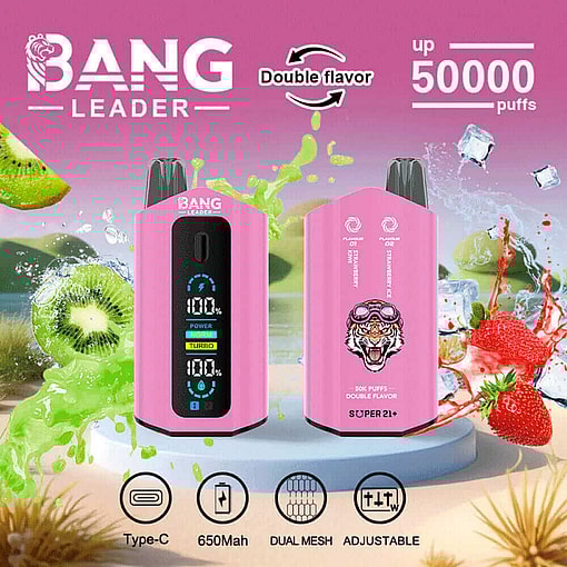 Promotional Image Of The Bang Leader Vape Device In Pink, Showcasing Its Dual Flavor Option, 50,000 Puffs Capacity, Type-C Charging Port, 650Mah Battery, And Adjustable Settings, With A Kiwi And Strawberry Ice Flavor Theme In The Background.