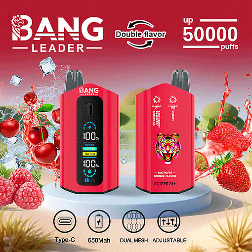 A Vaping Device Advertisement For Bang Leader Featuring A Red Design, Dual Flavor Function, 50,000 Puff Capacity, And Type-C Charging Port. Background Includes Fruit Imagery Symbolizing Flavors.