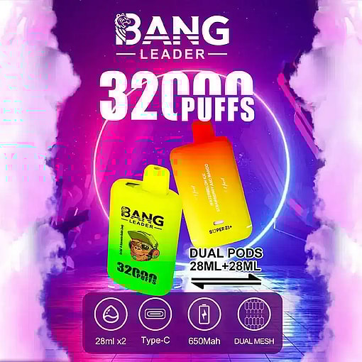 Bang Leader 32000 In Vibrant Fruit Flavors Displayed Against A Colorful Gradient Backdrop With A Pineapple And Mixed Fruits In The Background.