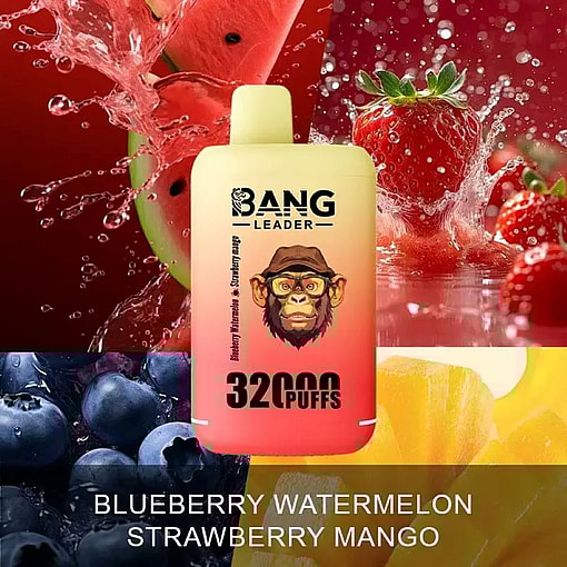 A Promotional Image For The Bang Leader Vaping Product, Featuring A Peach-Colored Vape Device Labeled '3200 Puffs' With Flavors Listed As Blueberry Watermelon, Strawberry Mango, And Background Images Of Fruits And Splashes Of Juice.