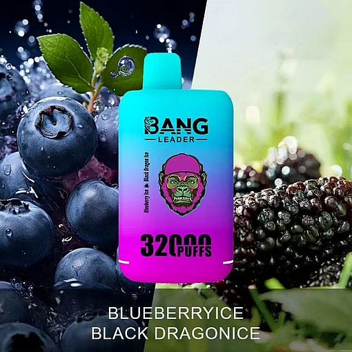 A Bang Leader 32000-Puff Vape Device Featuring A Dual Blueberry And Black Dragon Fruit Ice Flavor, Displayed Against A Close-Up Background Of Fresh Blueberries And Blackberries.