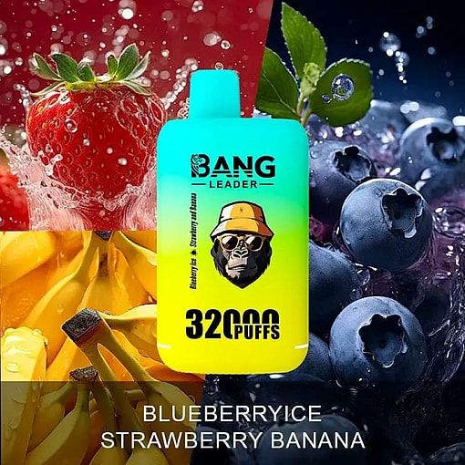 A Packaging Design For 'Bang Leader 32,000 Puffs' Flavored E-Liquid, With Images Of Fresh Strawberries, Blueberries, And Bananas In The Background, Emphasizing The Blueberry Ice And Strawberry Banana Flavors.