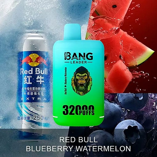 A Promotional Image Featuring A Red Bull Energy Drink Can, A Vaping Device Labeled 'Bang Leader 32,000 Puffs' With A Green Design And A Gorilla Logo, Watermelons, And Blueberries On An Icy Background, Emphasizing The Product'S Red Bull, Blueberry, And Watermelon Flavor Theme.