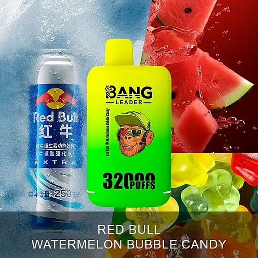Promotional Image Featuring A Can Of Red Bull Energy Drink Beside A Bright Green Bang Leader Vaping Device Labeled With 32,000 Puffs, Surrounded By Watermelon Slices And Colorful Candy Images.