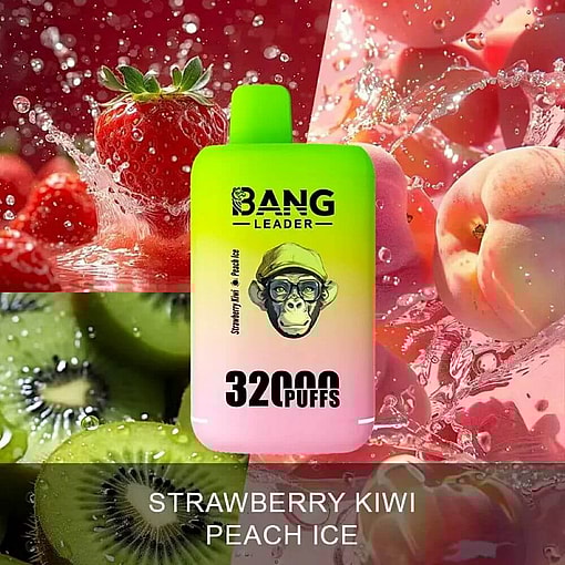 Promotional Image For Bang Leader Vape Device With 32,000 Puffs Featuring Strawberry Kiwi Peach Ice Flavor, Set Against Vibrant Fruit Backgrounds With Strawberries, Kiwis, And Peaches.