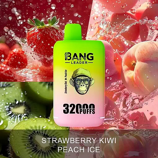 Brightly Colored Vape Device Labeled 'Bang Leader, 32,000 Puffs, Strawberry Kiwi Peach Ice' With Strawberries, Kiwis, And Peaches In A Water Splash Background.