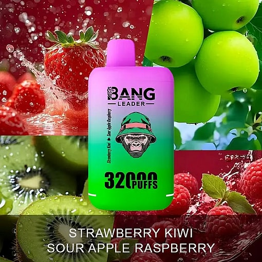 Colorful E-Cigarette Packaging Showcasing A Gradient Color Design With A Flavor Print Of Strawberry Kiwi, Sour Apple, And Raspberry, Accompanied By Corresponding Fruit Imagery.