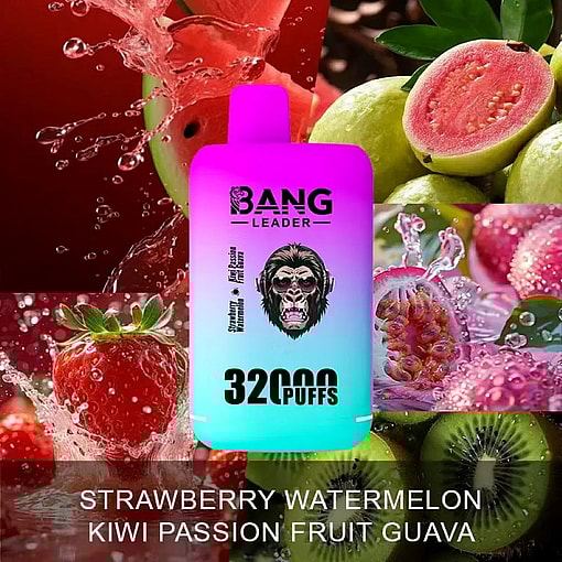 Colorful Advertisement For A 'Bang Leader' Vape Device Featuring Strawberry Watermelon, Kiwi Passion Fruit Guava Flavors, With A Blurred Image Of The Product'S Design Against A Background Of Vibrant Fruit Imagery.