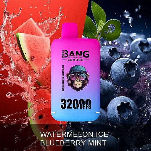 A Colorful E-Vape Device Labeled 'Bang Leader,' Featuring Flavors Watermelon Ice And Blueberry Mint, Displayed Against A Background Of Splashing Watermelon Slices And Fresh Blueberries.