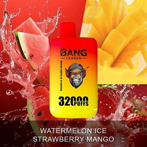 Brightly Colored Vaping Device Labeled 'Bang Leader 32000 Puffs' With Text 'Watermelon Ice, Strawberry Mango,' Surrounded By Images Of Fresh Watermelon Slices, Mango Chunks, And Splashing Water.