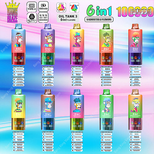 An Array Of Colorful Vape Devices With Cartoon Characters, Labeled '6 In 1' And Featuring 6 Adjustable Flavors Including Options Like Watermelon, Strawberry Peach, And Raspberry Lemonade On A Gradient Blue And Pink Background, With Promotional Text Highlighting Features Like Type-C Charging And 850Mah Battery.