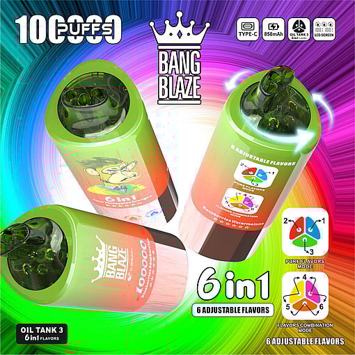 Multi-Colored Vape Device Packaging Labeled Bang Blaze, Featuring Six Adjustable Flavors And 10,000 Puffs With Icons Indicating Features Like A 850Mah Battery And Usb Type-C Compatibility.