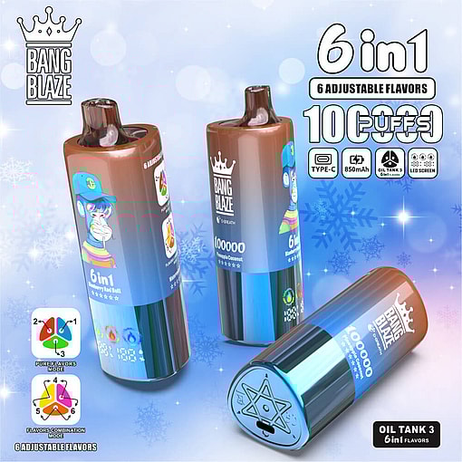 Promotional Image Featuring Three Bang Blaze Vape Devices With &Quot;6 In 1&Quot; Adjustable Flavors, Displaying Features Like 100000 Puffs, Type-C Charging, 850Mah Battery, Oil Tank 3, And Led Screen, Set Against A Background With Snowflakes.