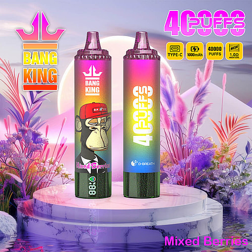Two Bang King 40000 Puffs Disposable Vape Devices Featuring A Colorful Mixed Berries Theme Alongside Vibrant Plants In A Surreal Background.