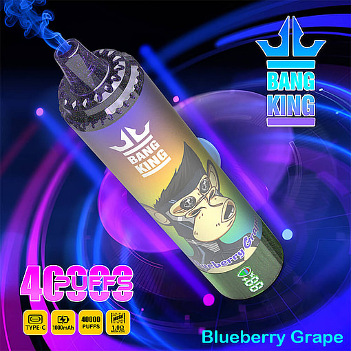 A Promotional Image Showcasing A Bang King Disposable Vaping Device Themed With Blueberry Grape Flavor, Featuring A Playful Monkey Logo, Glowing Blue And Purple Neon Lights In The Background, And Product Specifications Detailing A 40,000-Puff Capacity And Type-C Charging.